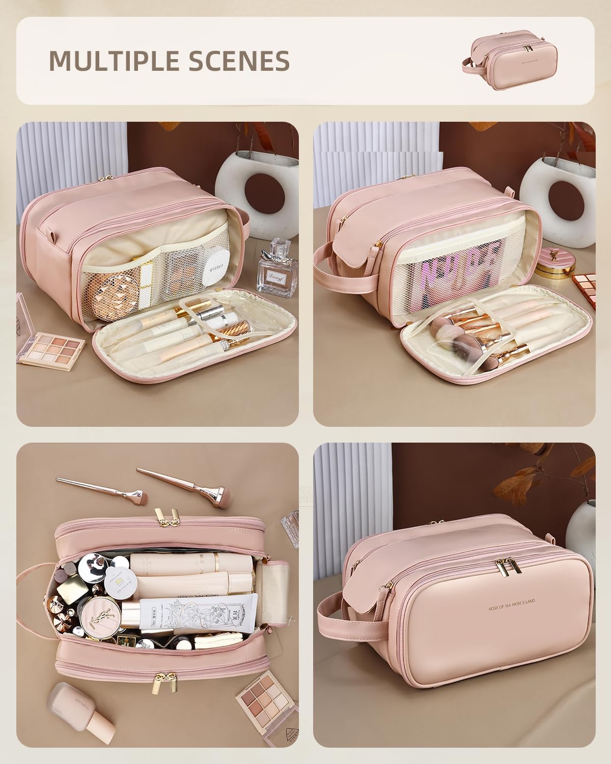 Travel Makeup Bag For Women, Large Capacity Cosmetic Organizer With Wide Opening, Waterproof Portable Toiletry Storage Bag For Easy Access