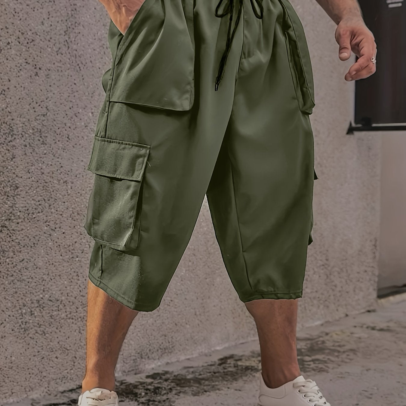 Plus Size Mens Large Casual Cargo Pants - Drawstring Waist, Loose Fit, Comfy Breathable Polyester Fabric, Multiple Pockets, Machine Washable, Solid Color, Perfect for Basketball and Everyday Wear