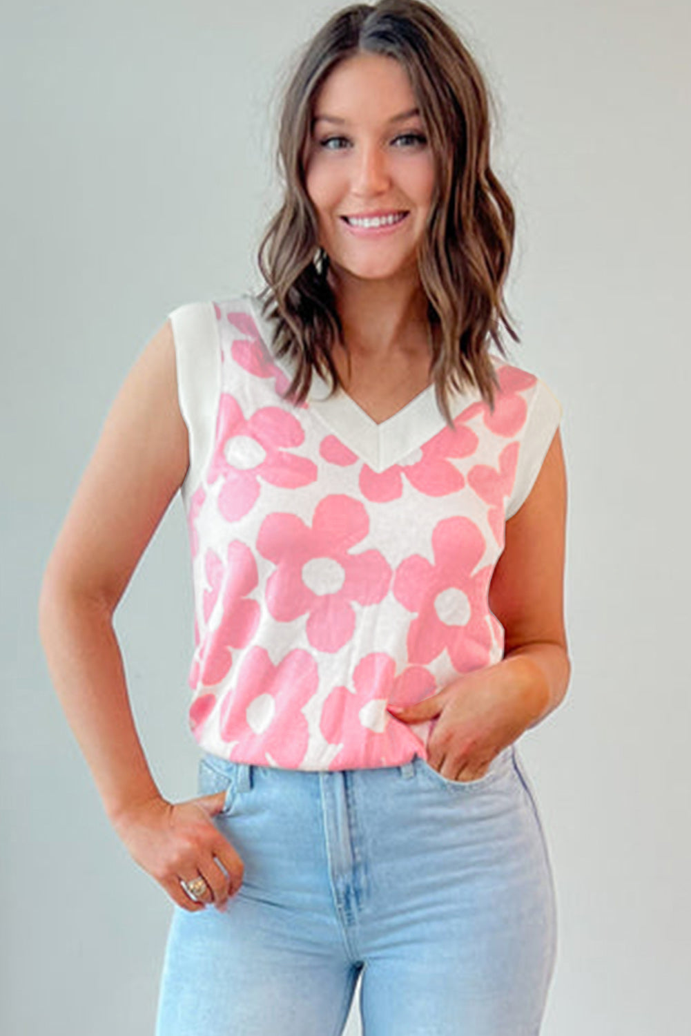 Pink 60s Floral Print V Neck Contrast Trim Knitted Vest 