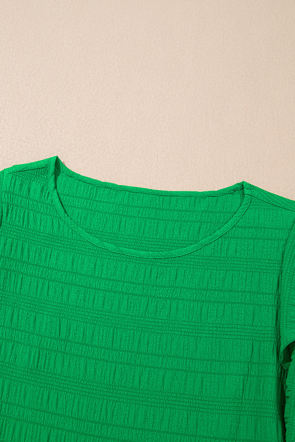 Dark Green Ruffle Sleeve Textured Smocked Blouse 