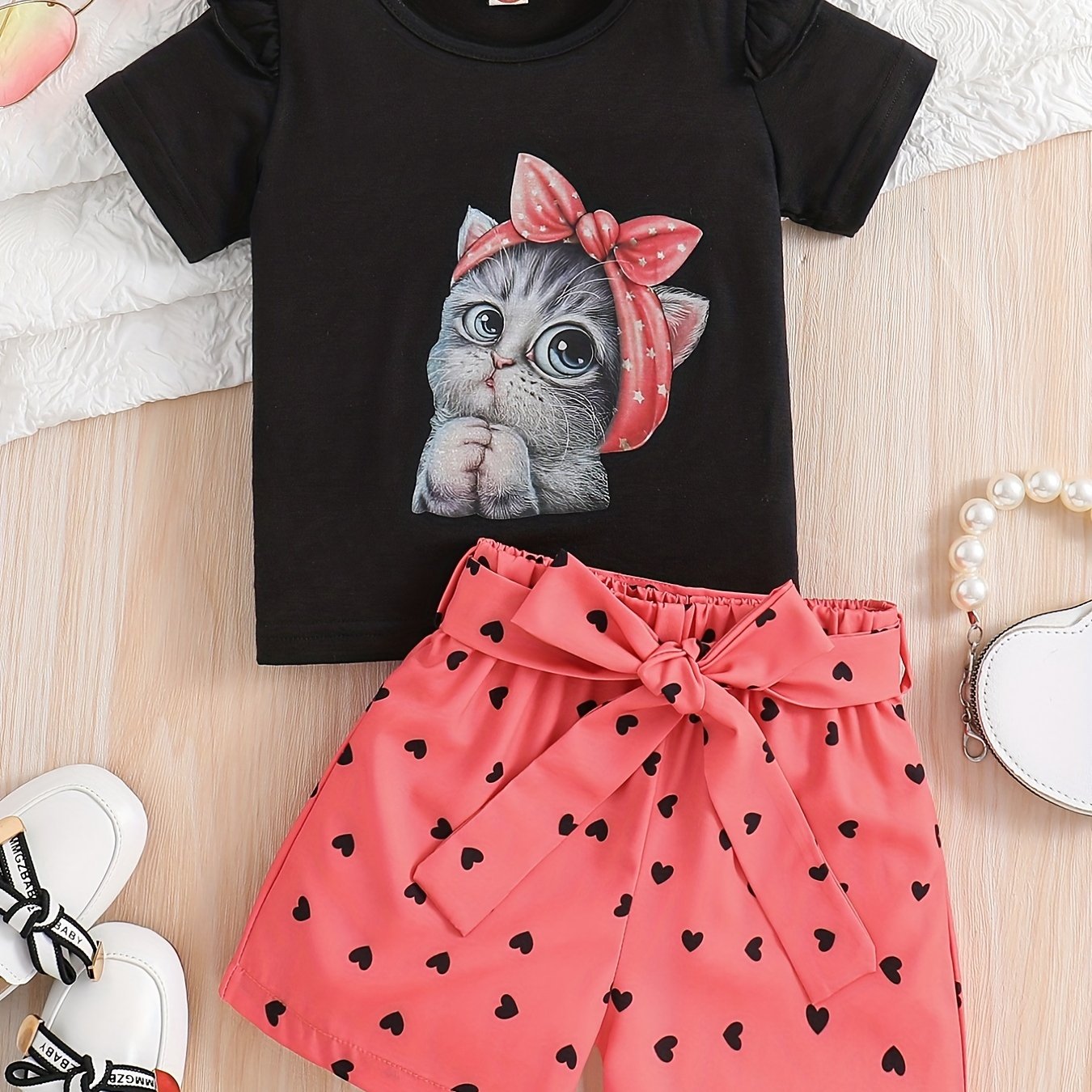 2pcs Toddler Girls Cute Cartoon Bow Cat Graphic Ruffle Trim T-Shirts Casual Round Neck Tees Top & Heart Graphic Belted Shorts Set Kids Summer Clothes
