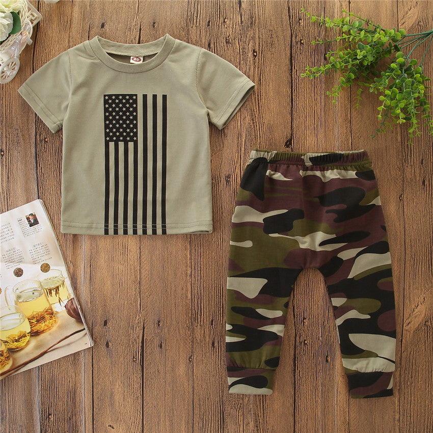 Little Kids' Suit Summer Men's Clothing Independence Day Flag Camouflage Suit 