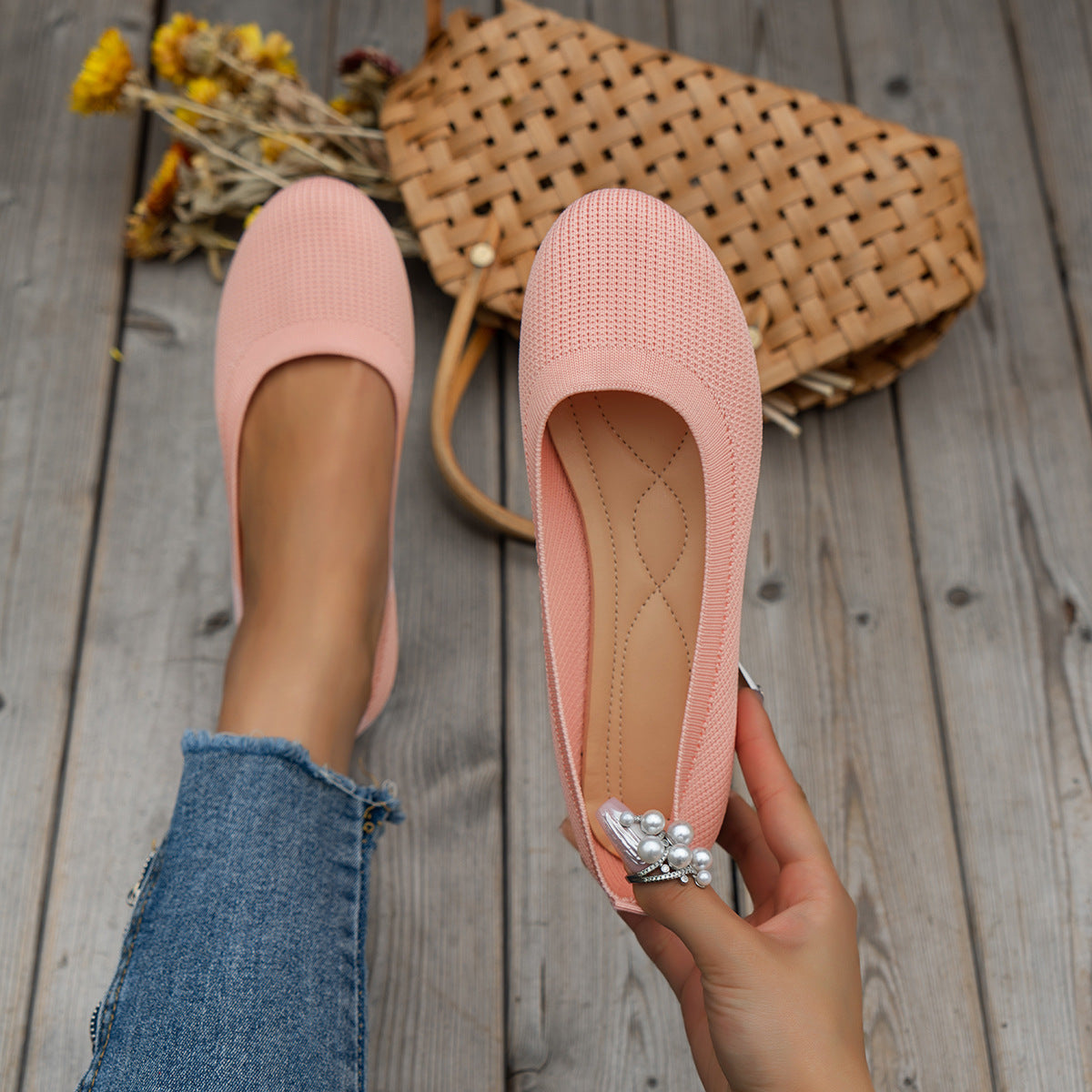 Round Toe Flats Shoes Casual Comfortable Soft Slip On Knit Mesh Shoes For Women 