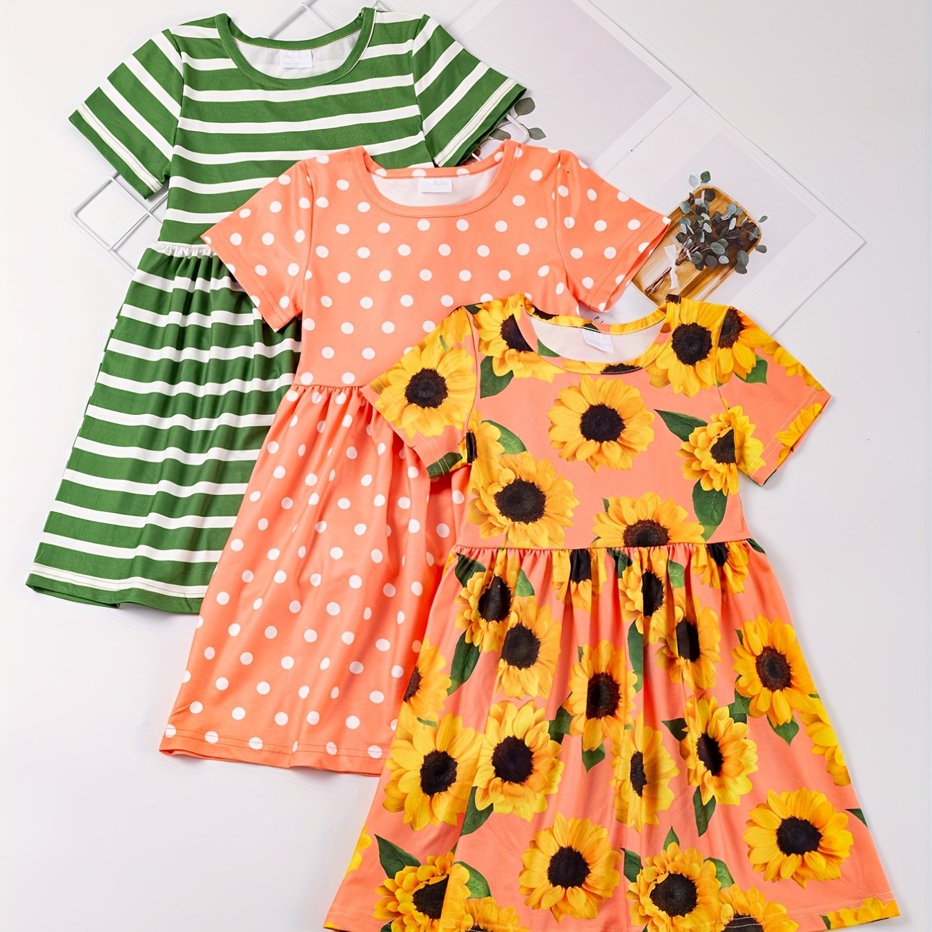 3pcs/set 3-Piece Sunflower and Polka Dot Stripe Princess Dress Set for Girls, Toddler Summer Clothes for Beach Vacation Party