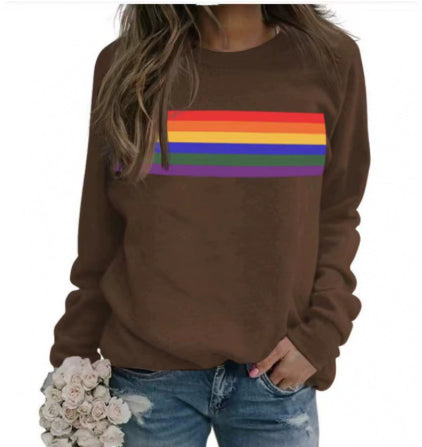 Color Striped Print Round Neck Pullover Long Sleeve Sweater 