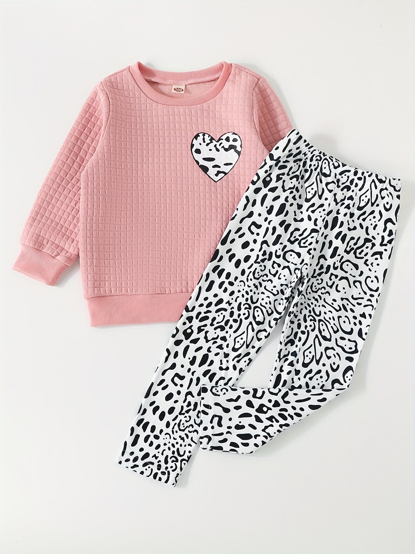 2pcs Girl's Trendy Outfit, Heart Pattern Sweatshirt & Leopard Allover Print Pants Set, Casual Long Sleeve Top, Kid's Clothes For Spring Fall Winter