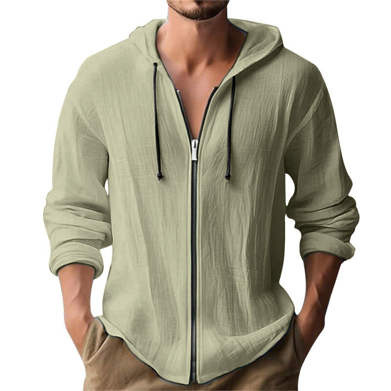 Digital-print Solid-color Linen Hooded Long-sleeve