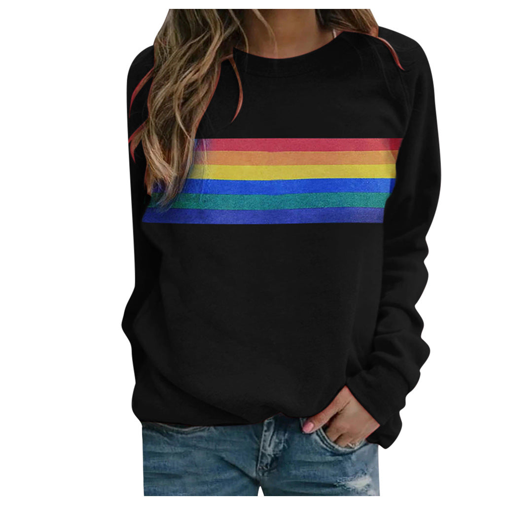 Color Striped Print Round Neck Pullover Long Sleeve Sweater 