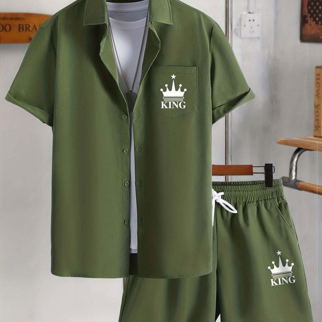''KING'' Crown Print Men's 2Pcs, Button Up Shirt And Drawstring Shorts Set For Summer