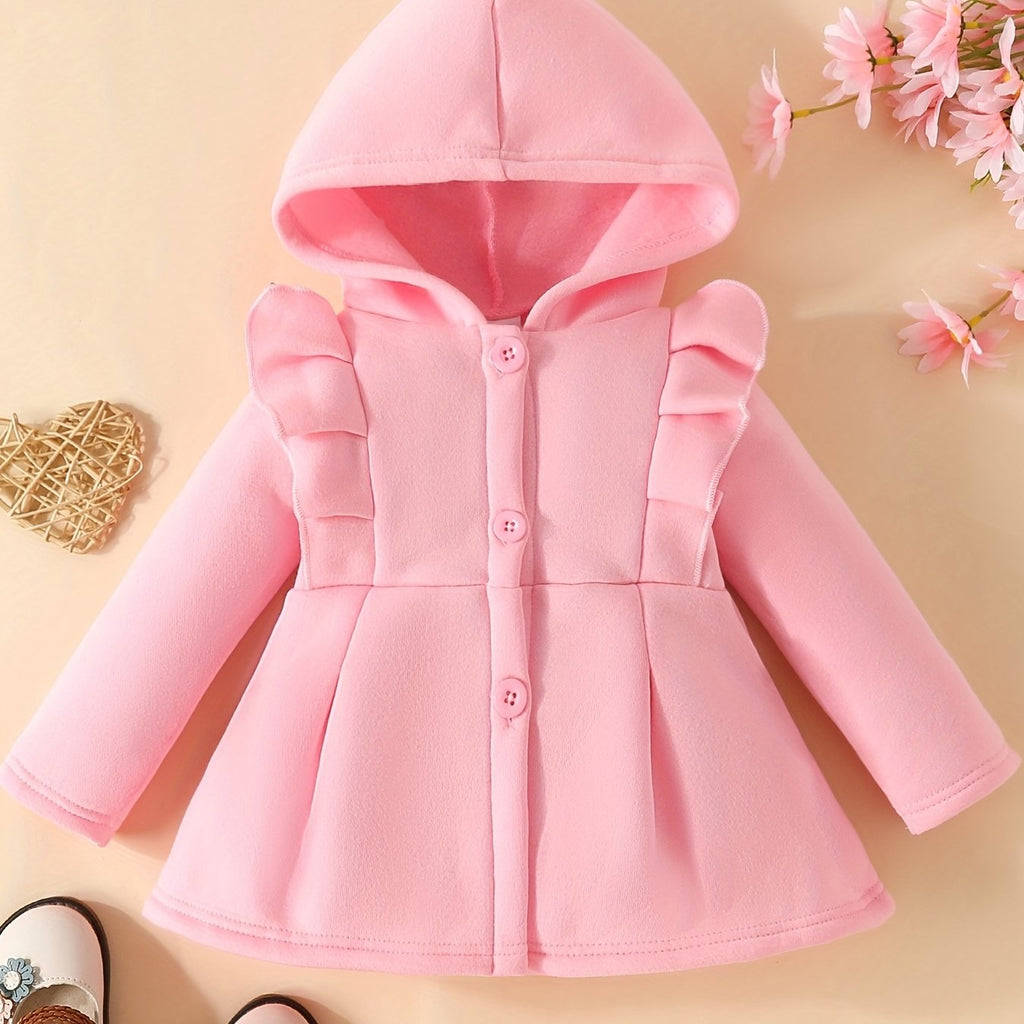 Baby Girl Ruffled Long Sleeve Fleece Hooded Single Breasted Coat, Kids Clothes Autumn And Winter (Recommended To Buy One Size Larger)