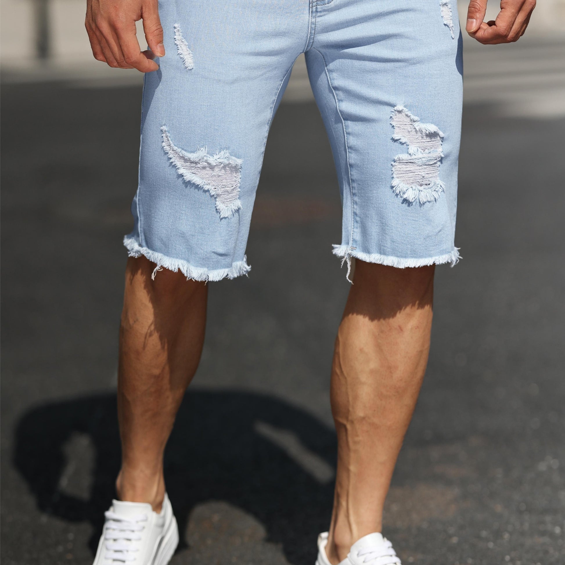 Mens Ripped Slim Fit Jorts - Soft Cotton Blend, Chic Street Style, Frayed Hem, Summer Bottoms, Comfortable, Breathable, and Stylish - Perfect for Casual Outdoor Activities