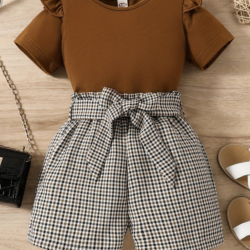 2pcs Girls Round Neck T-Shirt Ruffles Short Sleeves Tee Tops & Belted Plaid Shorts Set Summer Clothes