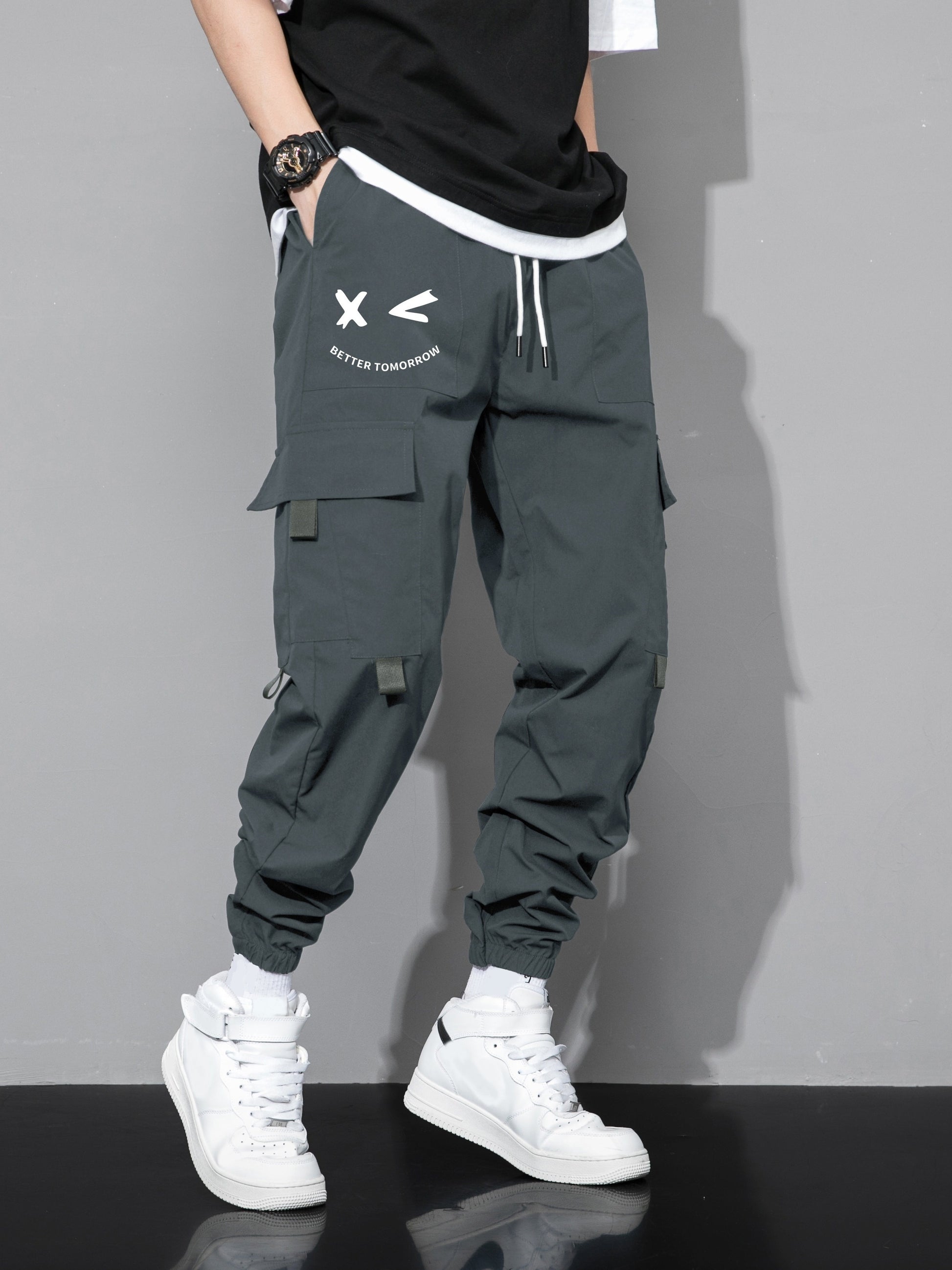 Mens Fashion-Forward Solid Cargo Pants - Abundant Flap Pockets, Loose Fit Drawstring Trousers - Durable Outdoor Work to Streetwear Hip Hop Style