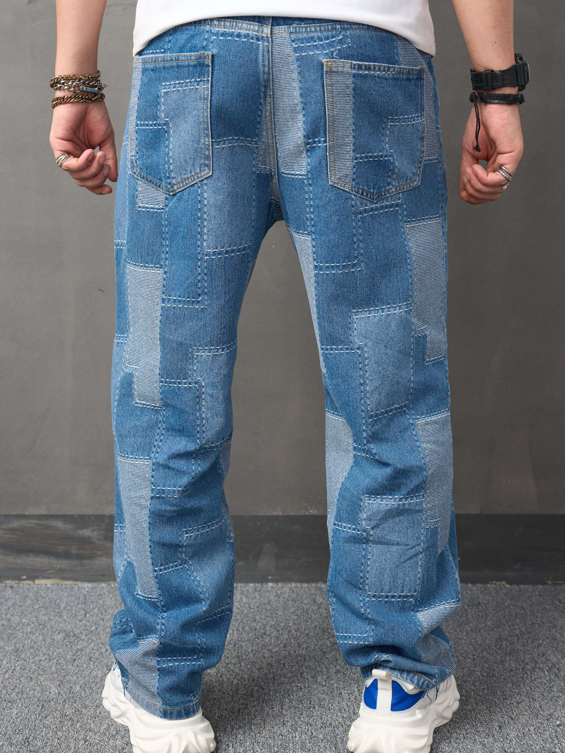 Mens Trendy Patchwork Denim Jeans - Stylish Streetwear Loose Wide-Leg Pants for Hip Hop Fans - Comfortable Denim Fabric with a Fashion-Forward Look