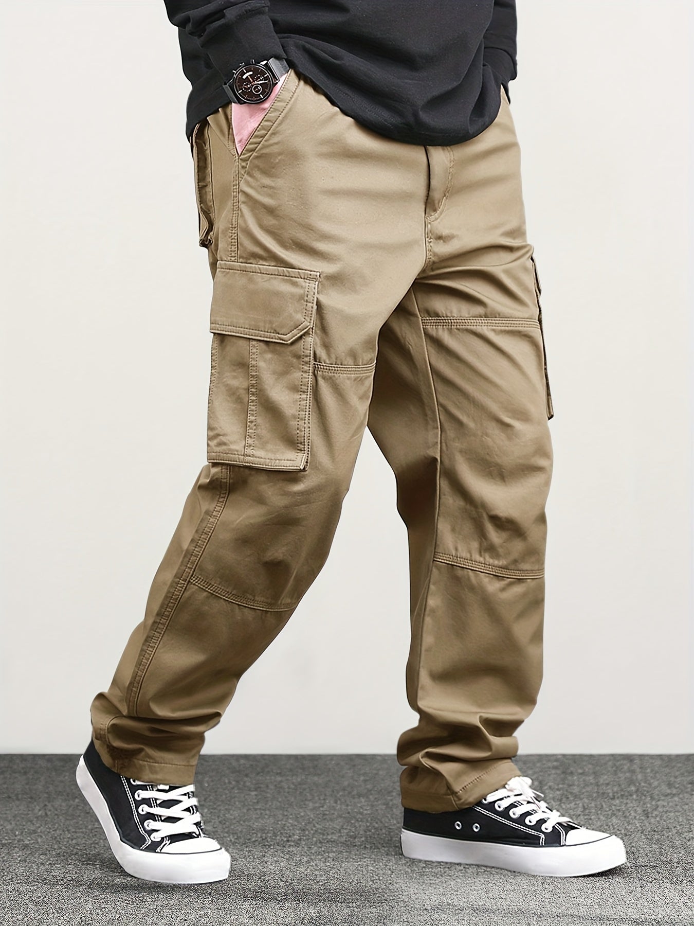 Mens Classic Solid Color Cargo Pants - Multiple Flap Pockets, Straight-Leg, Drawstring Elastic Waist, Loose Fit for Ultimate Comfort - Perfect for Hiking, Fishing, Streetwear, Outdoor Camping, Weekend Casual Style, All-Season