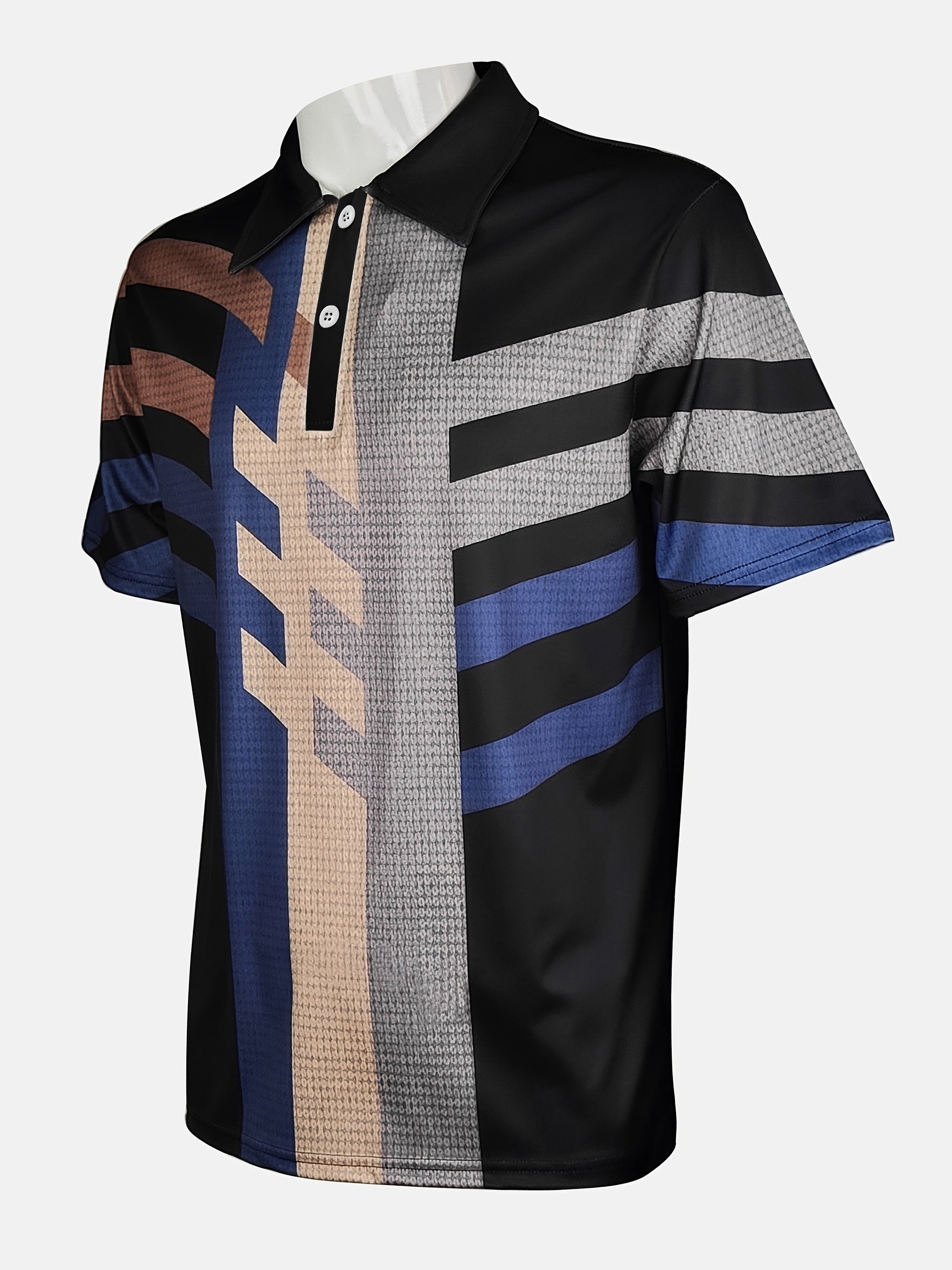 1/4 Button Short Sleeve Lapel Shirt - Stretchy, Breathable, Striped Polyester Fabric for Mens Fitness Training and Casual Wear - Spring/Fall Season, Regular Fit, Knit Fabric